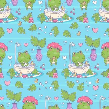 Seamless pattern with bathing funny frogs. Cute kawaii animal character wit.. Stock Illustration