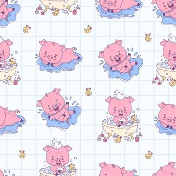 Seamless pattern with bathing pigs. Smiling piggy splashes in water and tak.. イラスト素材