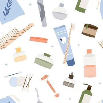 Seamless pattern. Bathroom accessories, bath items, toiletry, cosmetics Stock Illustration