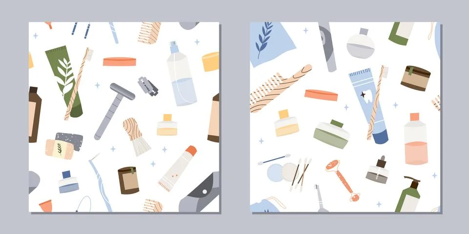 Seamless pattern. Bathroom accessories, bath items, toiletry, cosmetics Stock Illustration