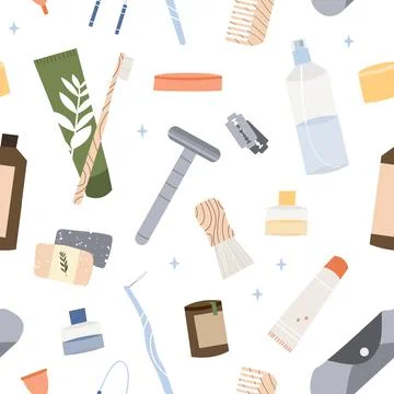 Seamless pattern. Bathroom accessories, bath items, toiletry, cosmetics Stock Illustration