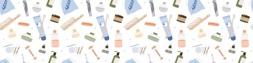 Seamless pattern. Bathroom accessories, bath items, toiletry, cosmetics Stock Illustration