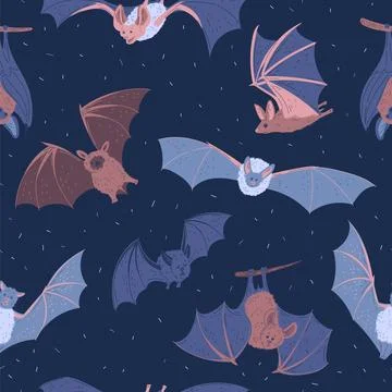 Seamless pattern with bats in different poses flat style, vector illustration Illustrazione stock