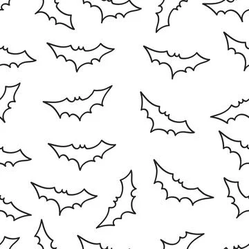 Seamless Pattern Bats Outline Doodle Drawing Halloween Background.Vector Il.. Stock Illustration
