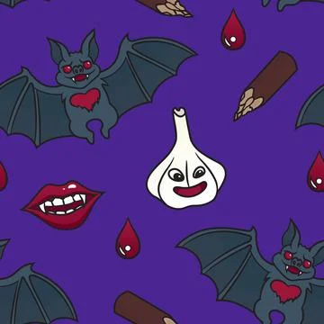 Seamless pattern with bats,vampire lips, garlic, blood drops and aspen stake. Stock Illustration