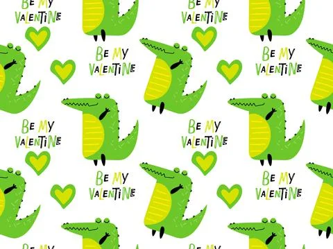 Seamless pattern with Be my Valentine text and Cartoon crocodile. Cute cartoon Stock Illustration