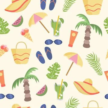 Seamless pattern beach accessories and palm Stock Illustration