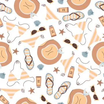 Seamless pattern with beach accessories. Background with hat, swimsuit, sun.. Stock Illustration