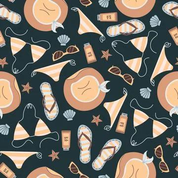 Seamless pattern with beach accessories. Background with hat, swimsuit, sungl Stock Illustration