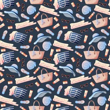 Seamless pattern with beach accessories on a blue background. Straw bag, glas Illustrazione stock