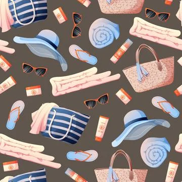 Seamless pattern with beach accessories. Straw bag, glasses, hat, towel. Suit Stock Illustration