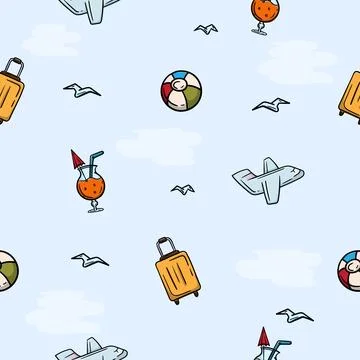 Seamless pattern with beach, airplane, cocktail Stock Illustration