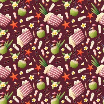 Seamless pattern with beach bag, coconut cocktail, seashells, glasses on a bu 스톡 일러스트