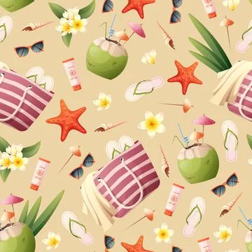 Seamless pattern with beach bag, coconut cocktail, seashells, glasses. beach  스톡 일러스트
