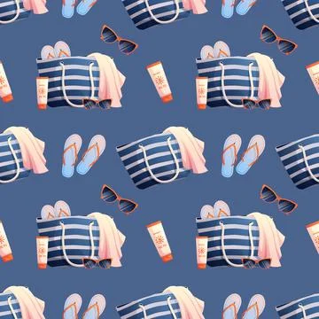 Seamless pattern with beach bag, sunglasses, towel, sunscreen. Seamless textu Stock Illustration