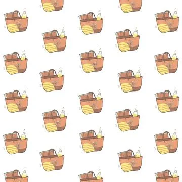 Seamless pattern of beach bags featuring a steering wheel, sunscreen Stockillustratie