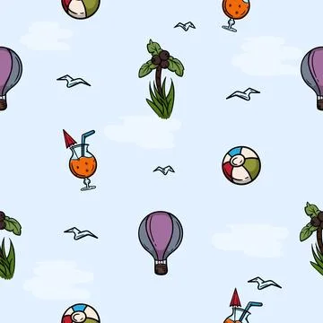 Seamless pattern with beach, balloon, palm, ball Stock Illustration