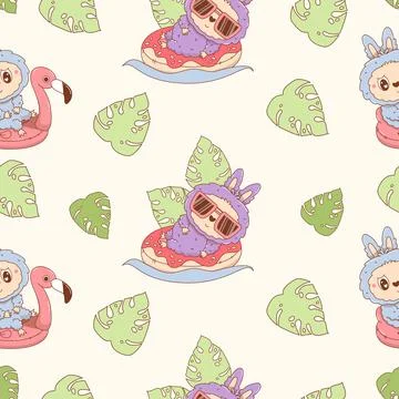 Seamless pattern with Beach Cute Monster Toy swim on inflatable pink flamin.. イラスト素材