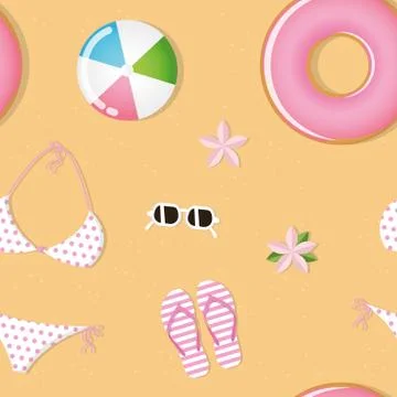 Seamless pattern beach equipment ball swimming ring bikini sunglasses Stock Illustration