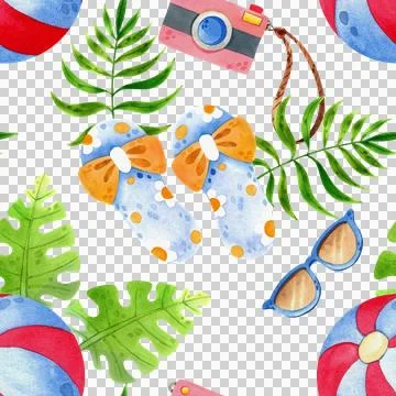 Seamless pattern with beach flip flops, glasses and a ball. Hand-drawn  Stock Illustration