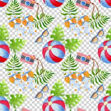 Seamless pattern with beach flip-flops, sunglasses and a ball Stock Illustration