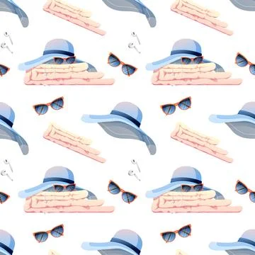 Seamless pattern with beach hat, glasses, towel. Seamless texture, summer, be 스톡 일러스트