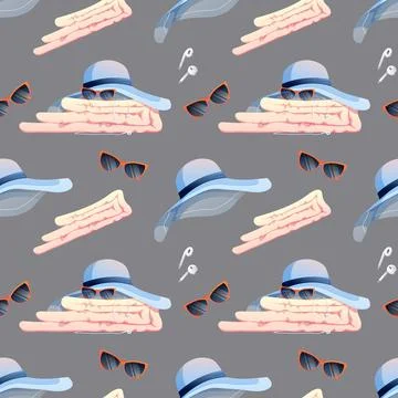 Seamless pattern with beach hat, glasses, towel. Seamless texture, summer, be Stock Illustration