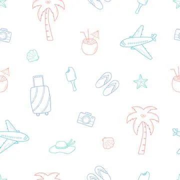 Seamless pattern beach holiday concept. Vector illustration of palm tree airp 스톡 일러스트
