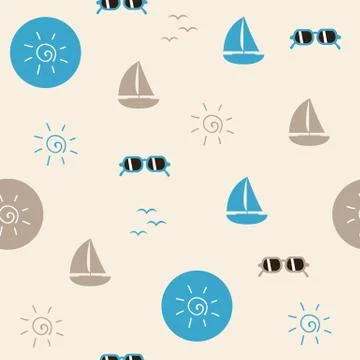 Seamless pattern beach life sail boat sunglasses and sun symbol Stock Illustration