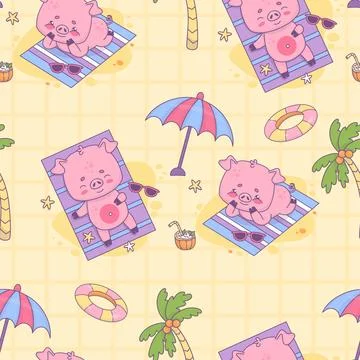 Seamless pattern with beach pigs beachgoer with cocktail and rubber circle .. Stock Illustration