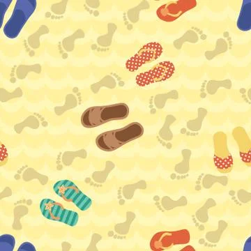 Seamless pattern with beach shoes and footprints on a sand Stock Illustration