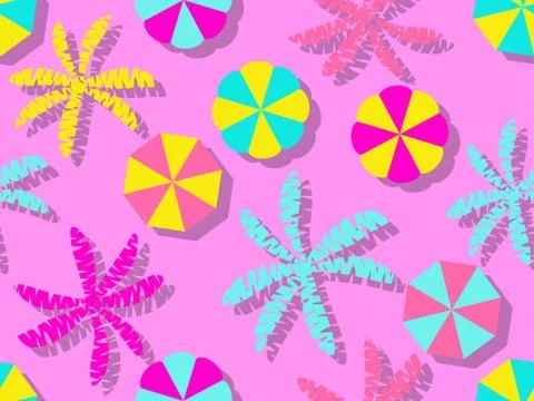 Seamless pattern with beach umbrellas and palm trees on pink background. Beac Stock Illustration