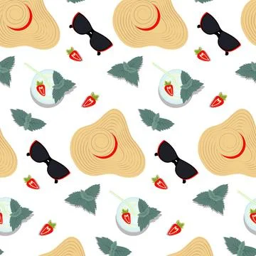Seamless pattern with beach wide brimmed straw hat, sunglasses, strawberry and Stock Illustration