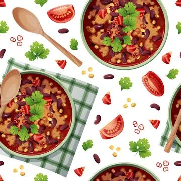 Seamless pattern with bean soup. National Mexican food. Suitable for decorati Illustrazione stock