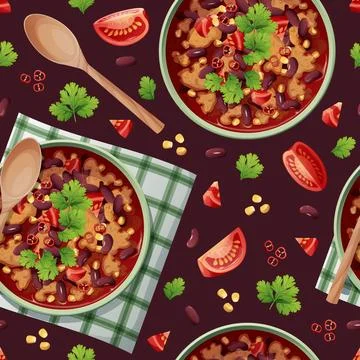 Seamless pattern with bean soup. National Mexican food. Suitable for decora.. Illustrazione stock
