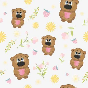 Seamless pattern with bear and heart. Vector background with a grizzly with h Stock Illustration
