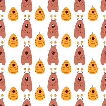 Seamless pattern with bear and hive. Vector illustration. Stock Illustration