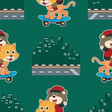 Seamless pattern with bear and little cat on  skate board, Stock Illustration
