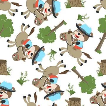 Seamless pattern of bear the cowboy riding a brown horse, Stock Illustration
