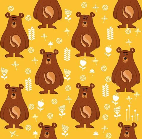 Seamless pattern with bear, cute teddy bear cartoon, vector textile fabric print Stockillustratie