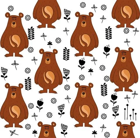 Seamless pattern with bear, cute teddy bear cartoon, vector textile fabric print Stock Illustration