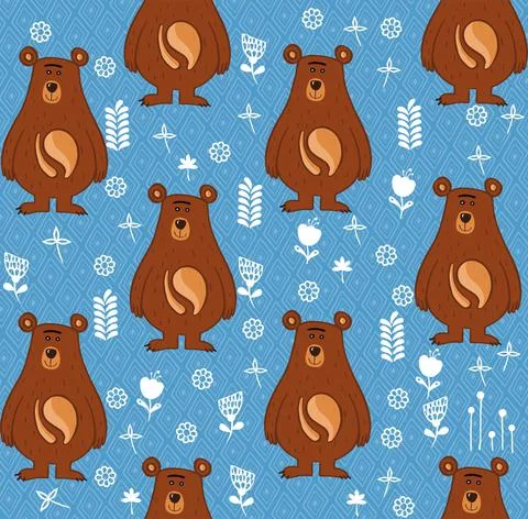 Seamless pattern with bear, cute teddy bear cartoon, vector textile fabric print Stock Illustration