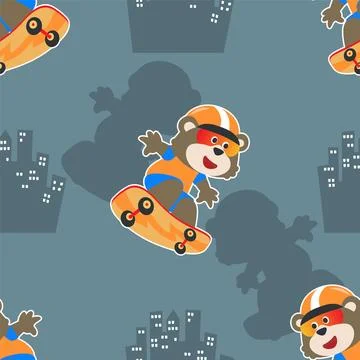 Seamless pattern with bear on  skate board, For fabric textile, Stock Illustration