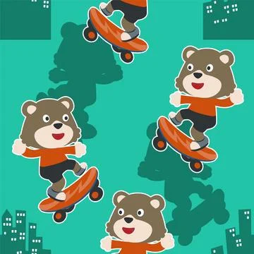 Seamless pattern with bear on  skate board, Stock Illustration