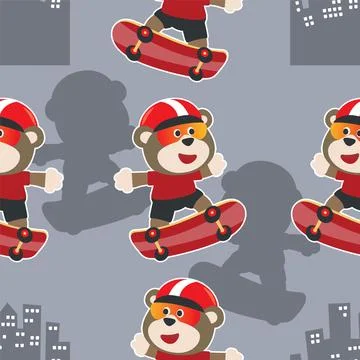 Seamless pattern with bear on  skate board, Stock Illustration