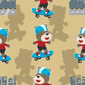 Seamless pattern with bear on  skate board, Stock Illustration