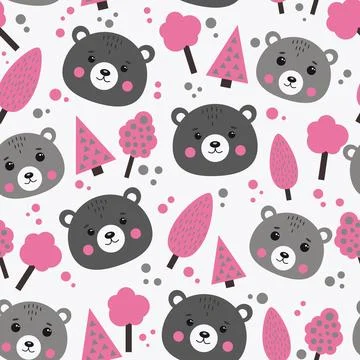 Seamless pattern with bears and trees in pink and gray color. Stock Illustration