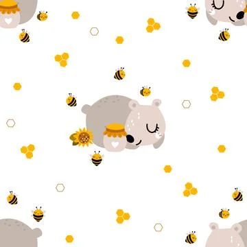 Seamless pattern with bears, bees and honey Stock Illustration