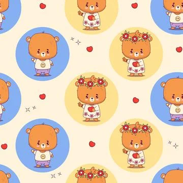 Seamless pattern with bears cub. Cute animal girl and boy kawaii character Stock Illustration