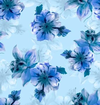 Seamless pattern with beautiful big flowers on blue background. Patch for fabric Stock Illustration